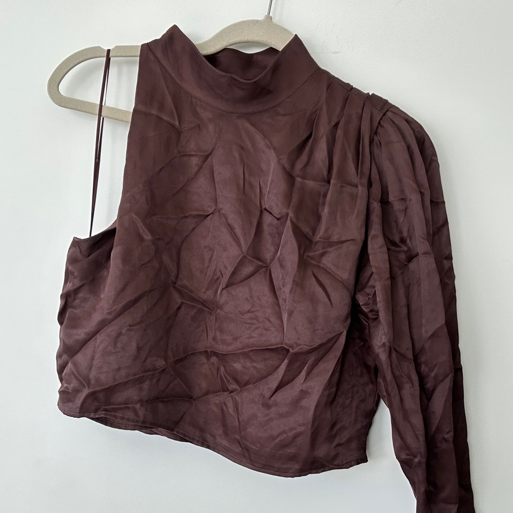 Zara Long Sleeve One Shoulder Brown Satin Blouse